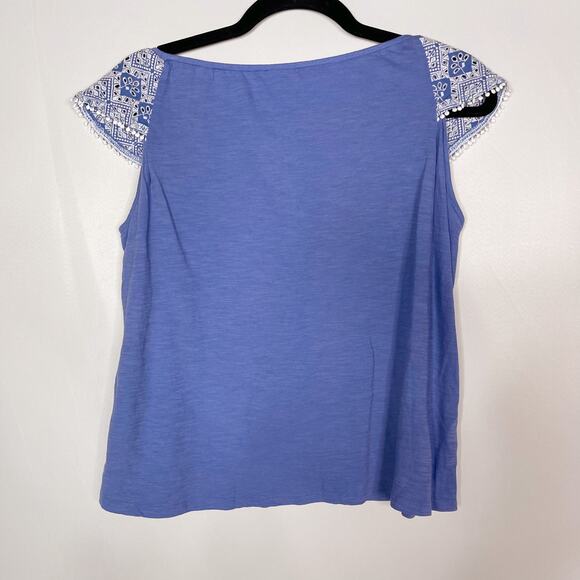 LOFT SP Small Petite Blue White Eyelet Embroidered Short Sleeve Top Boho Cotton - Picture 2 of 8